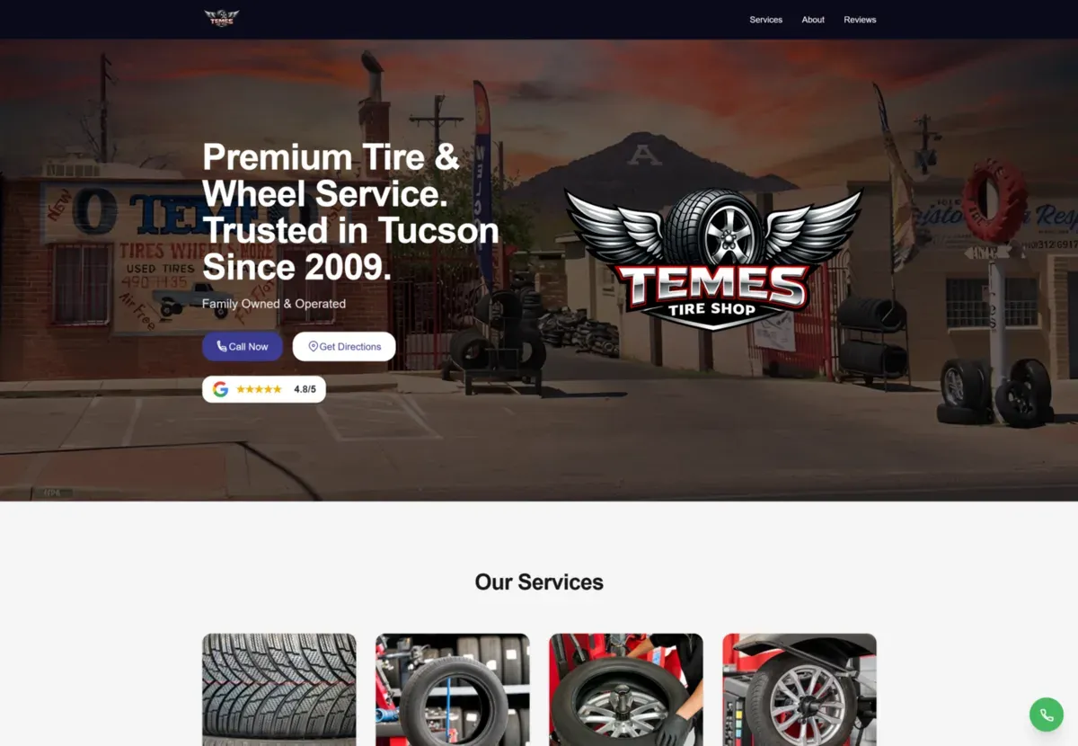 Sitio web de Teme's Tire Shop hecho por The Local Web Pros